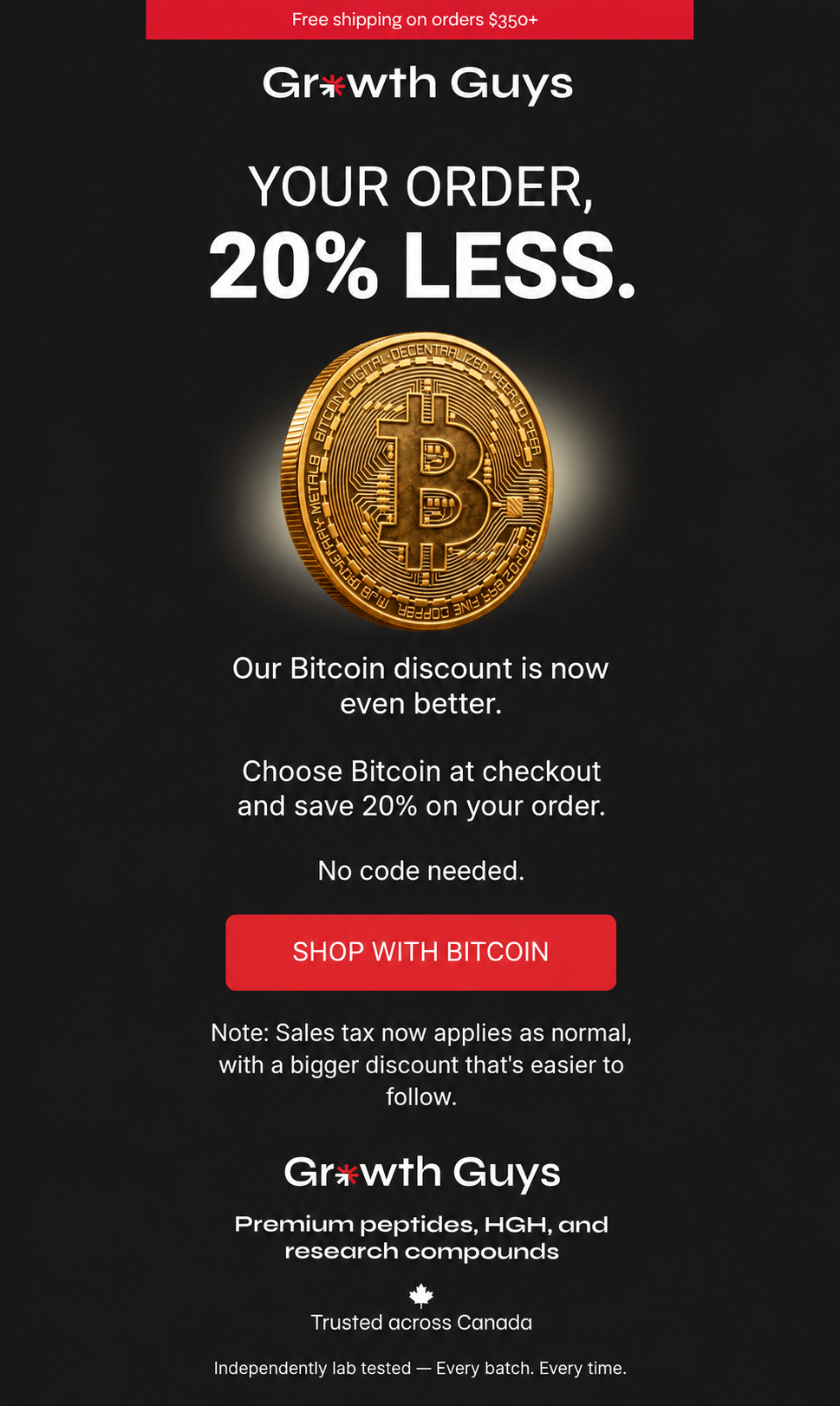 Growth Guys promotion graphic stating that choosing Bitcoin at checkout saves 20% and that no code is needed.