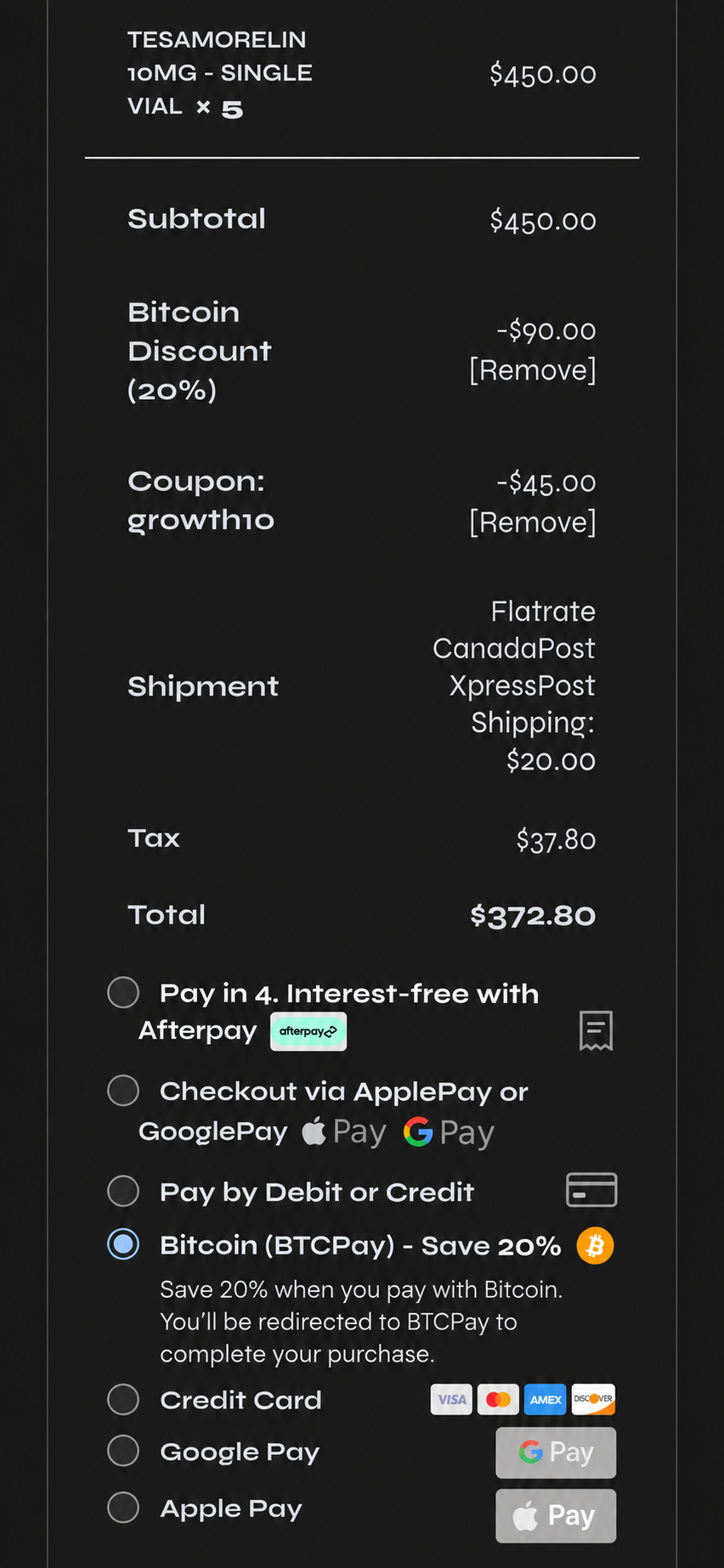 Cart summary showing separate Bitcoin and GROWTH10 reductions, shipping, tax, total, and a selected Bitcoin BTCPay payment option.