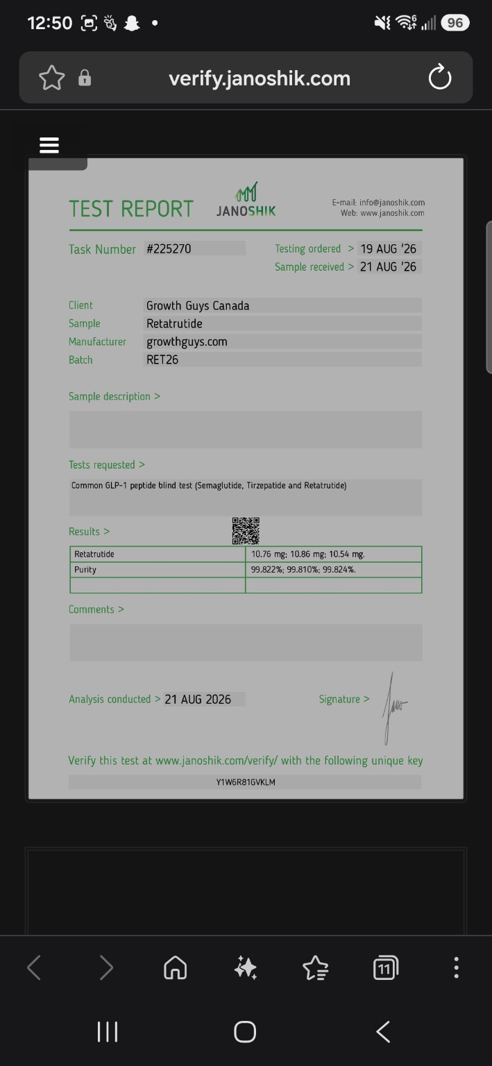 Historical supplied screenshot of Janoshik task 225270 for Retatrutide batch RET26.