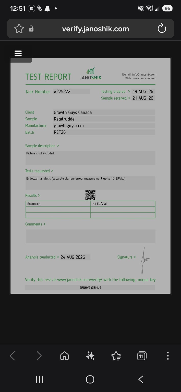 Historical supplied screenshot of Janoshik task 225272 showing the RET26 endotoxin result.