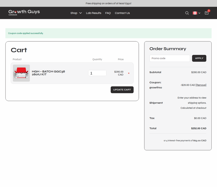 October 7 Growth Guys cart showing one HGH Batch GGC38 280iu kit, GROWTH10 applied, a $280 CAD subtotal, $28 CAD discount, and $252 CAD total.